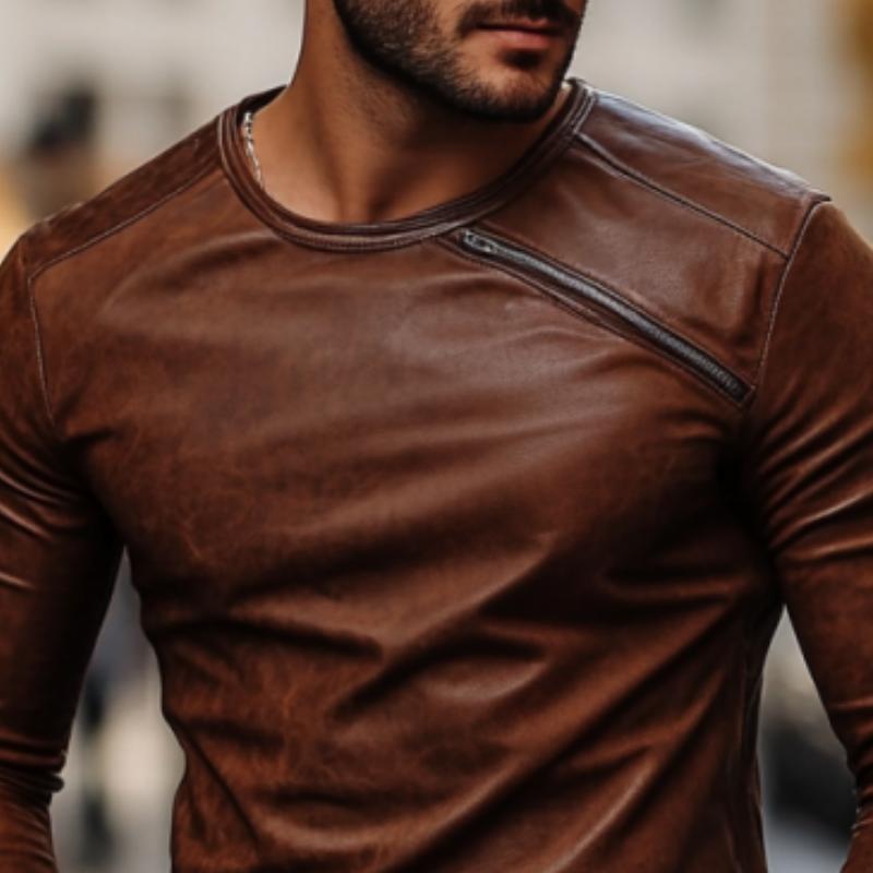 Men's Casual Fashionable Round Collar Slim Fit Leather Long Sleeve T-shirt 9885322346680