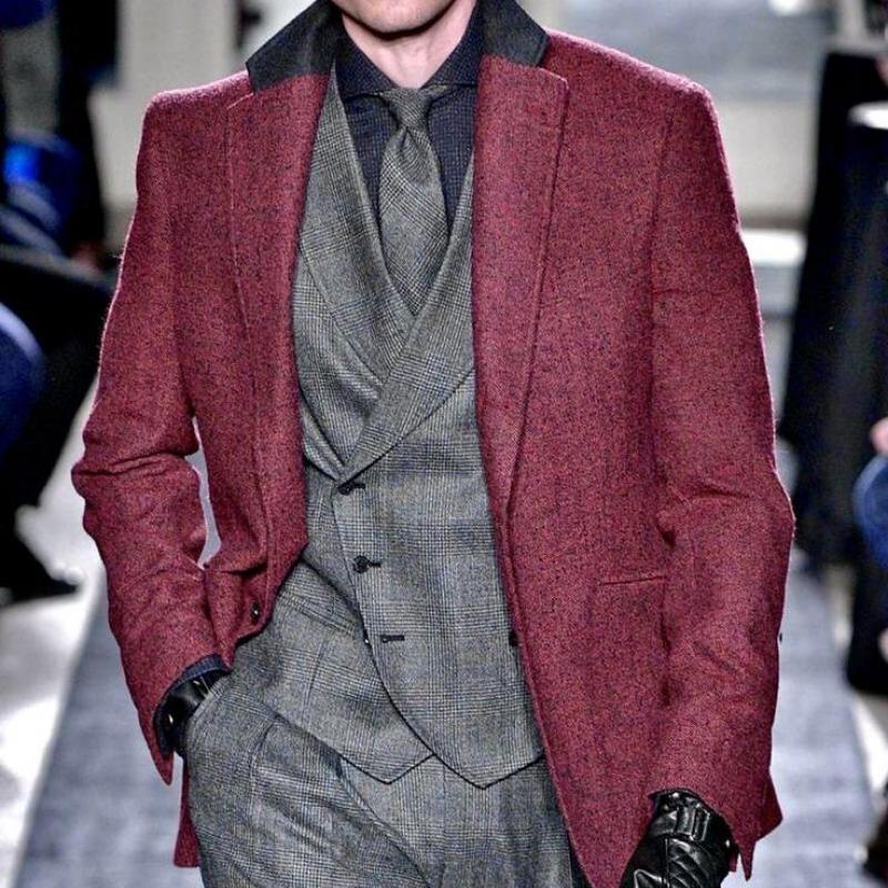 Men's Classic Casual Patchwork Collar Woolen Blazer 9273157157048