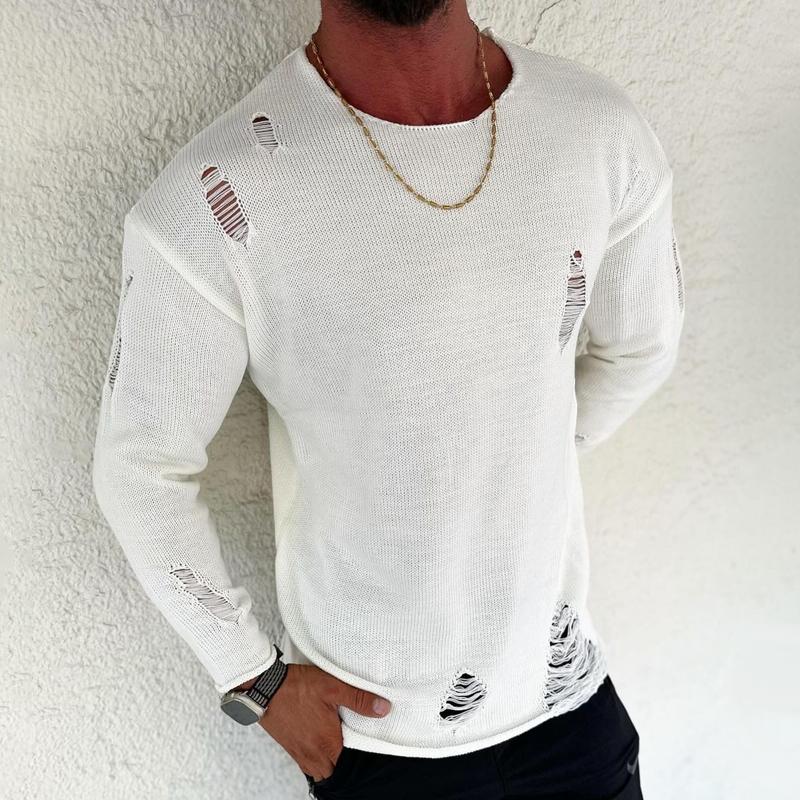 Men's Fashion Solid Color Holes Round Neck Long Sleeve Knit Sweater 9268188512440