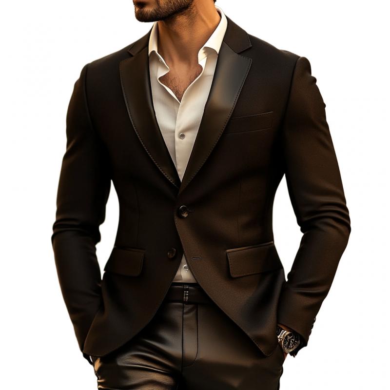 Men's Stylish Leather Patchwork Notch Lapel Single-breasted Slim-fit Blazer 9873518559416