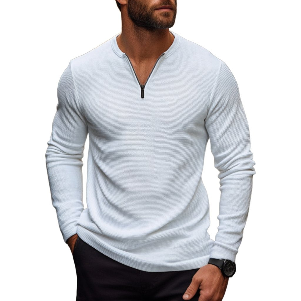 Men's Casual Waffle Zipper Collar Slim Fit Long Sleeve T-Shirt 9274167525560