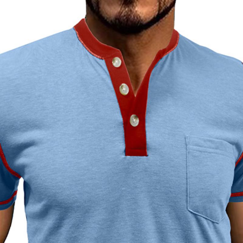 Men's Casual Cotton Colorblock Henley Collar Slim Fit Short Sleeve T-Shirt 9879658135736
