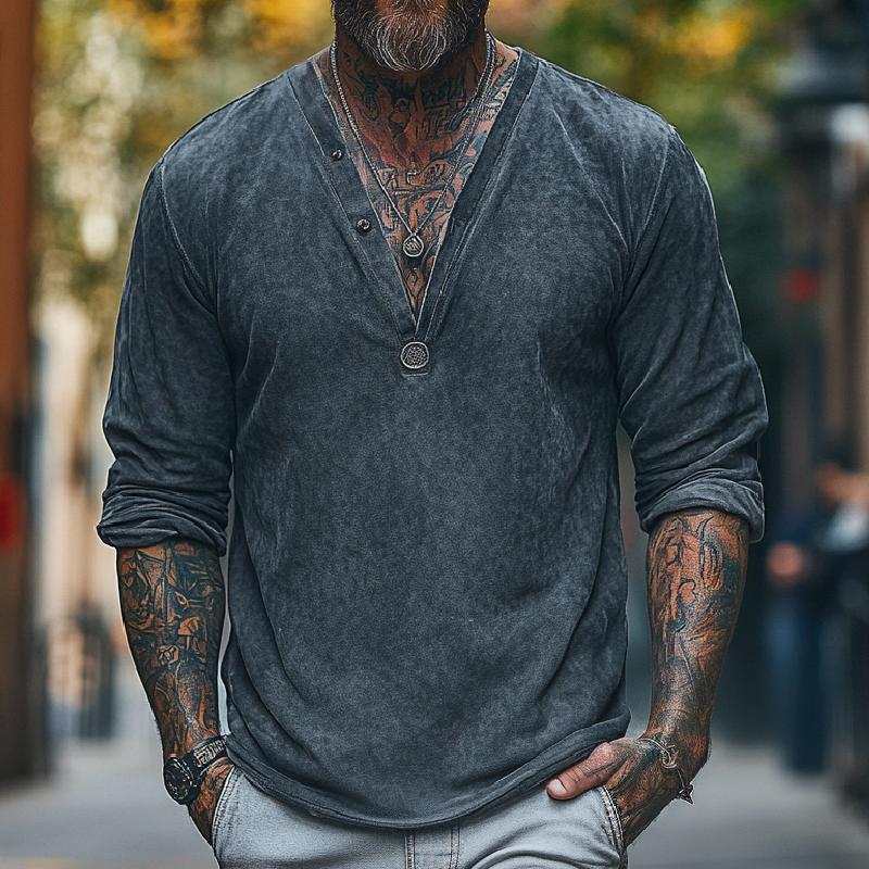 Men's Casual V-neck Air Layer Suede Long Sleeve T-shirt 9272244437176