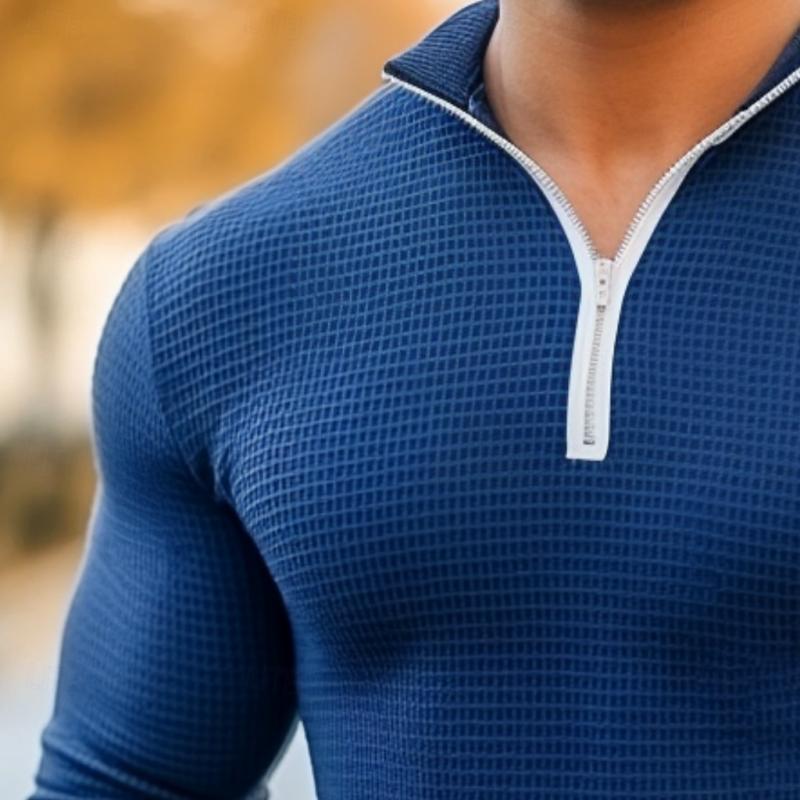 Men's Fashion Waffle Zipper Collar Slim Fit Long Sleeves T-Shirt 9882785743032