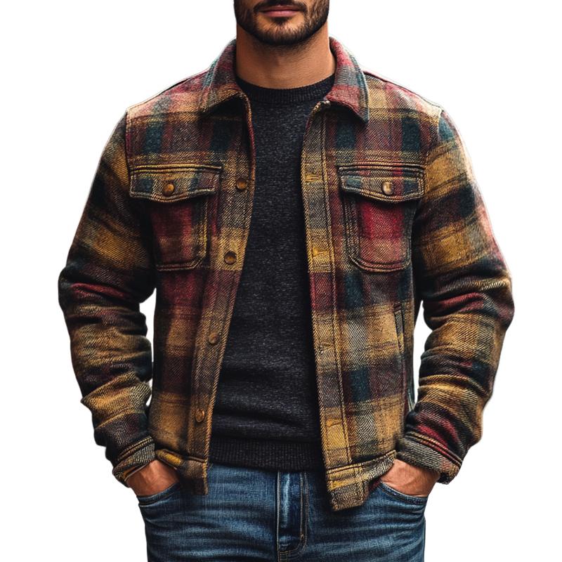 Men's Vintage Checked Lapel Chest Pocket Single Breasted Jacket 9884640805048