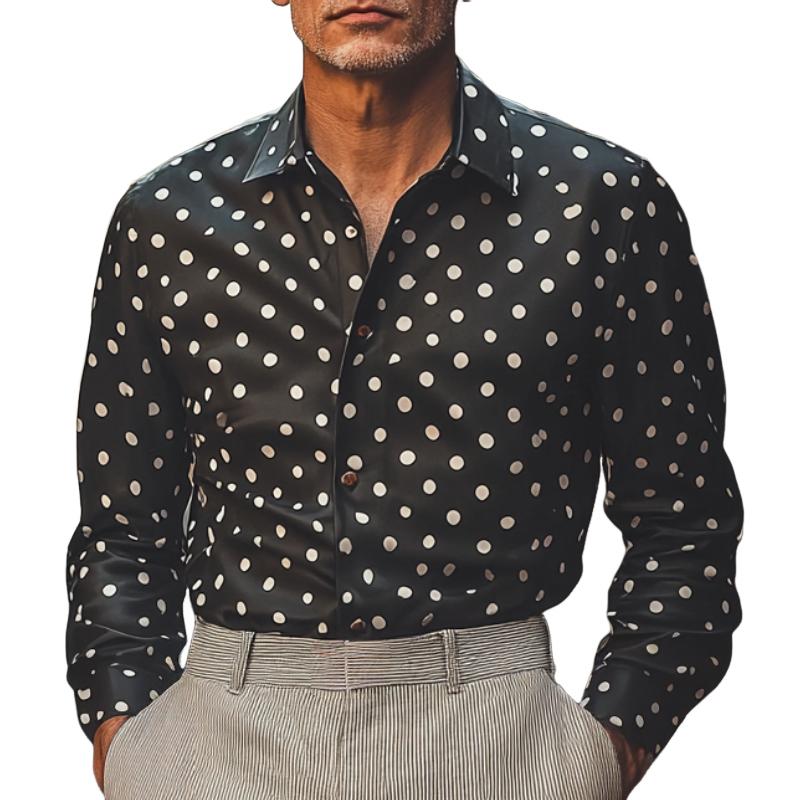 Men's Casual Leather Polka Dot Lapel Long Sleeve Shirt 9877643788472
