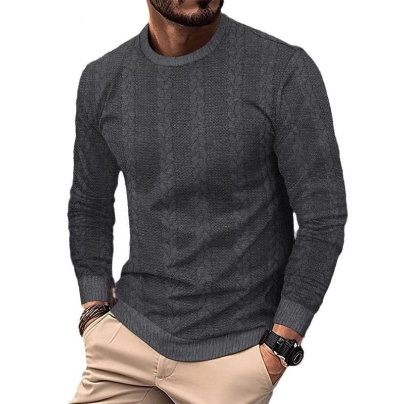 Men's Casual Solid Color Round Neck Jacquard Long Sleeve T-Shirt 9261143883960
