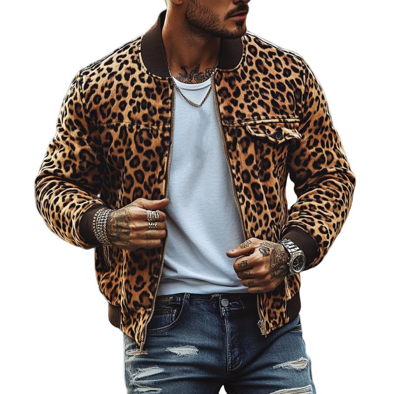 Men's Vintage Leopard Print Chest Pocket Bomber Jacket 9261082312888