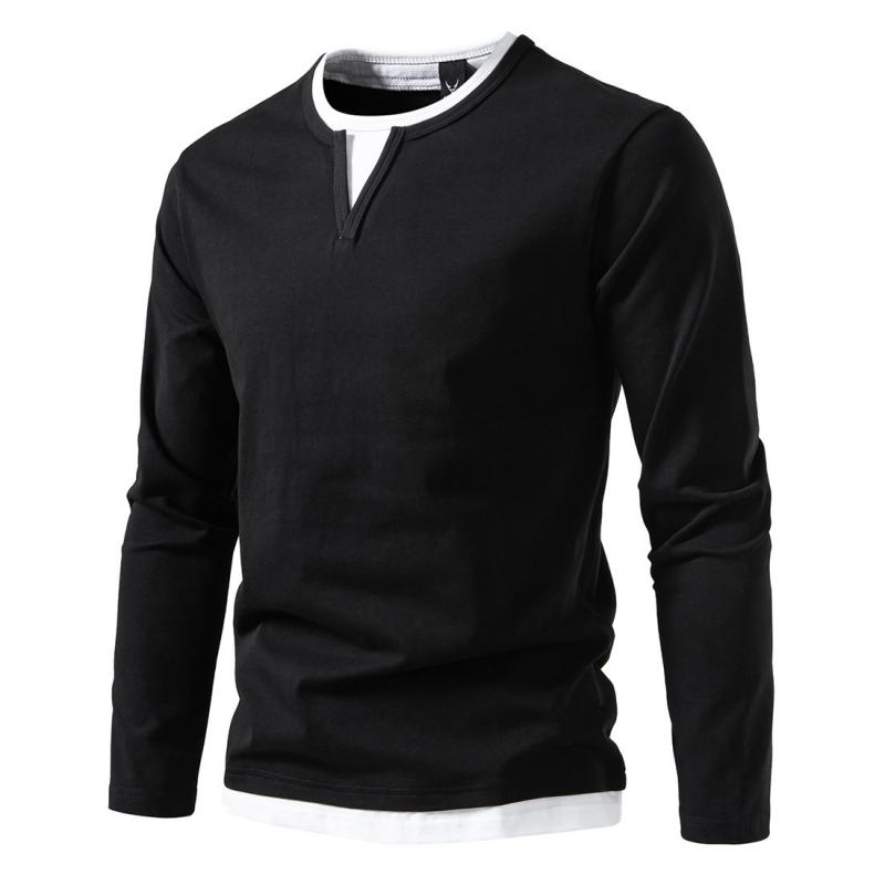 Men's Casual Color Matching Fake Two-Piece Double-Layer V-Neck Long-Sleeved T-Shirt 9268189003960