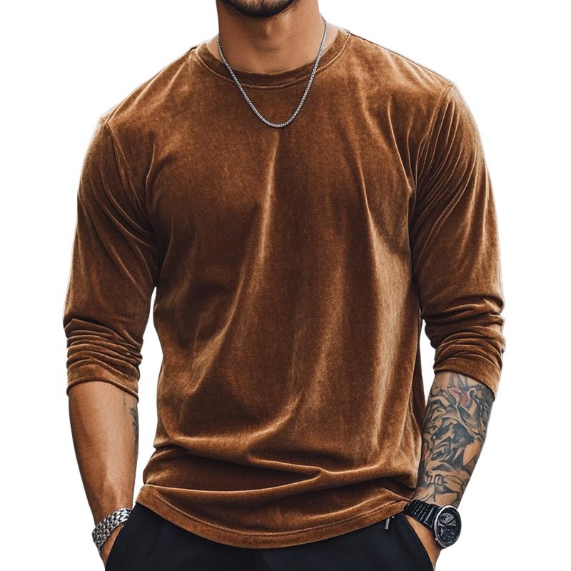 Men's Retro Casual Velvet V-neck Long Sleeve T-shirt 9884642312376