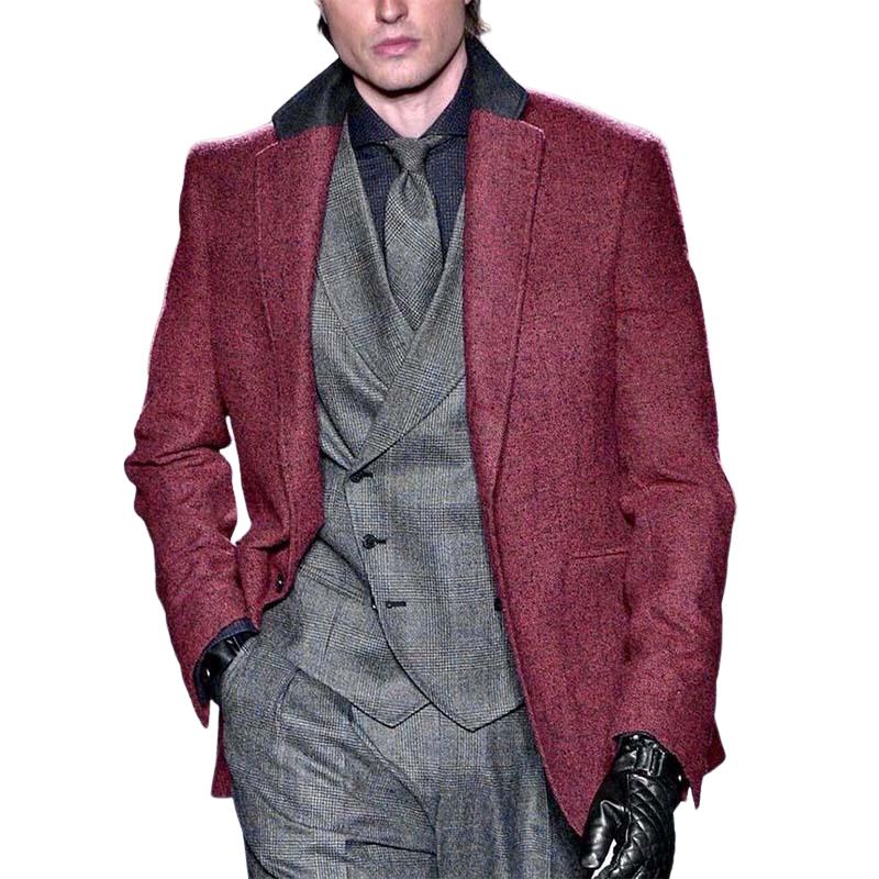 Men's Classic Casual Patchwork Collar Woolen Blazer 9273157157048