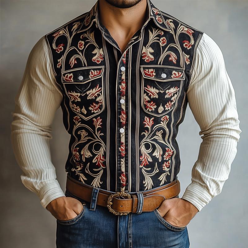 Men's Western Style Graphic Lapel Chest Pocket Long Sleeve Shirt 9877216952504