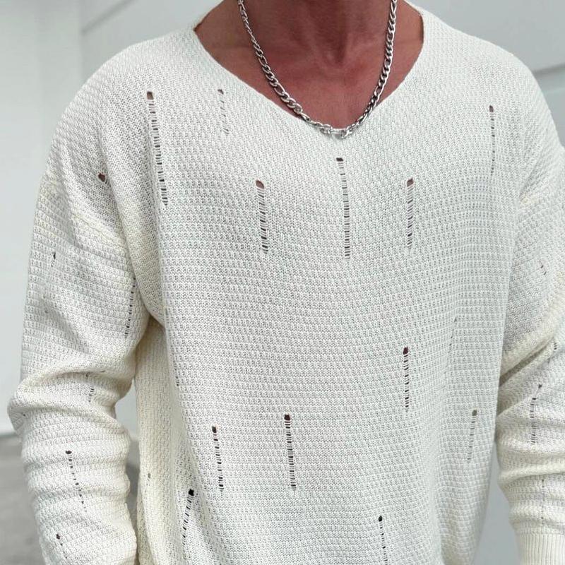 Men's Fashion Solid Color Holes V Neck Long Sleeve Knit Sweater 9268188250296