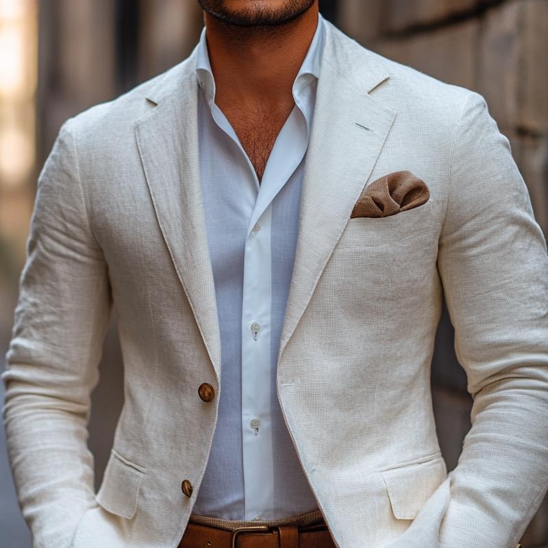 Men's Fashion Solid Color Linen Notch Lapel Two Buttons Casual Blazer 9885838999736