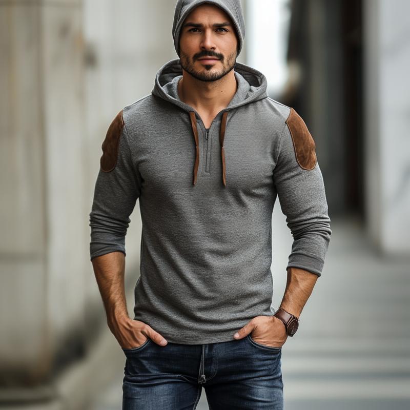 Men's Fashion Cotton Suede Patchwork Zipper Neck Slim Fit Hoodie 9271920787640