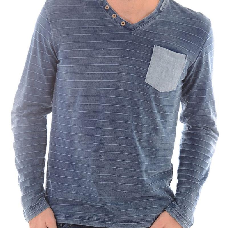 Men's Casual V-neck Digital Stripe Printed Long Sleeve T-shirt 9268188709048
