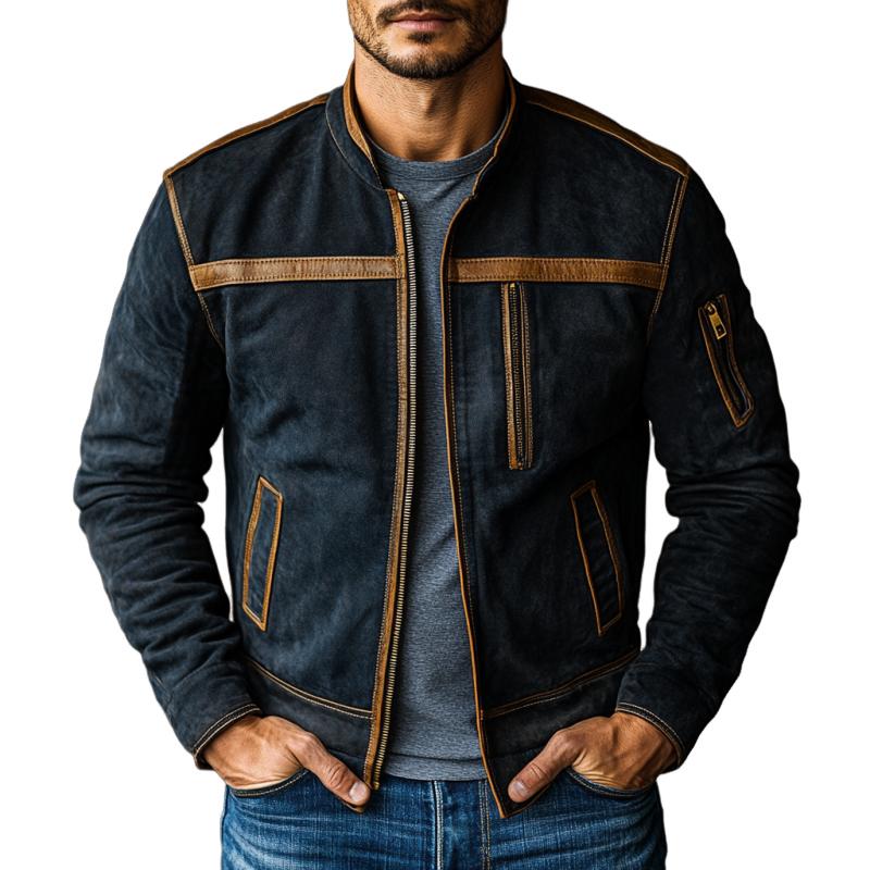 Men's Vintage Suede Stitching Stand Collar Short Jacket 9877217640632