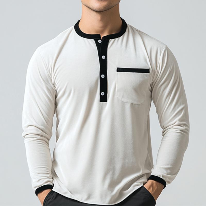 Men's Casual Slim Fit Velvet Patchwork Pocket Long Sleeve T-Shirt 9883358593208