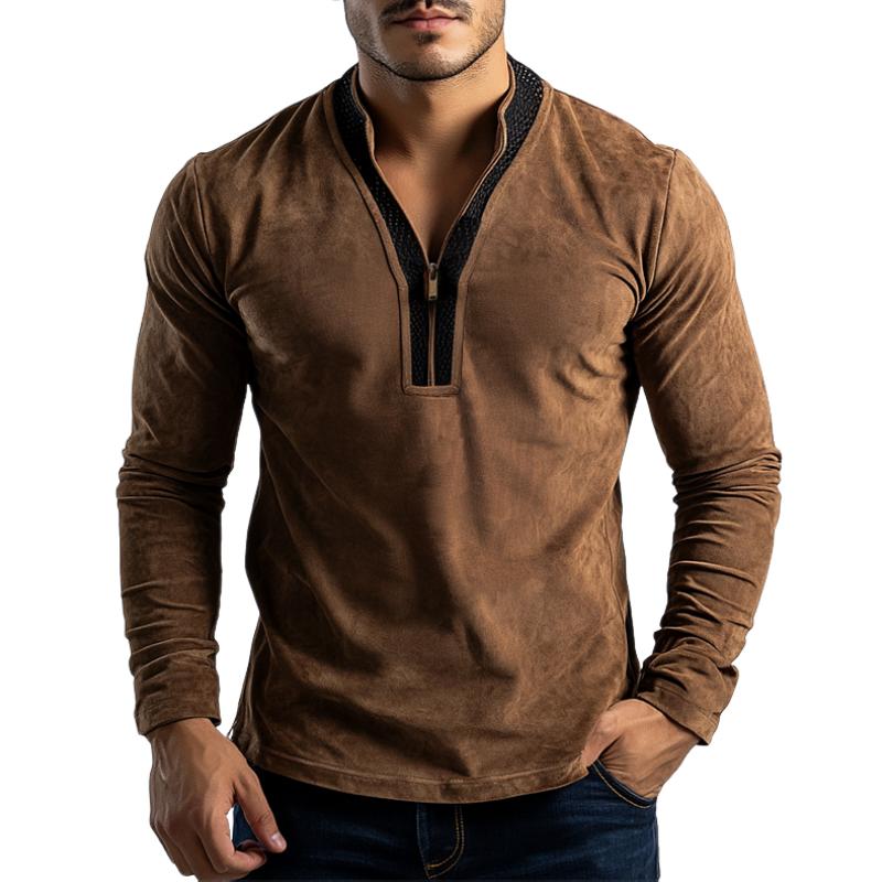 Men's Classic Casual Stitching Leather Stand Collar Suede Long Sleeve POLO Shirt 9886820303032