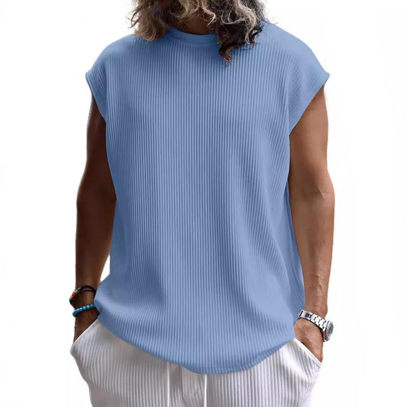 Men's Solid Color Vertical Stripes Round Neck Sleeveless T-shirt 9261144637624