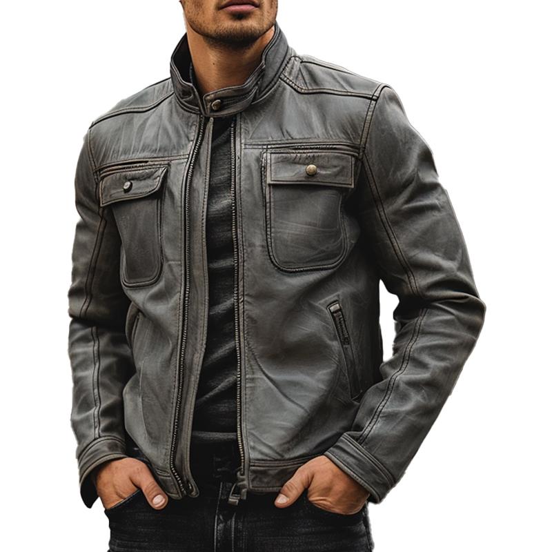 Men's Stand Collar Zipper Leather Jacket 9274167656632