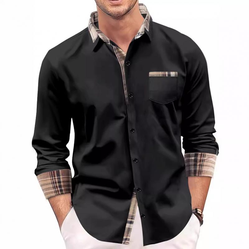 Men's Plaid Patchwork Chest Pocket Long Sleeve Shirt 9261804552376