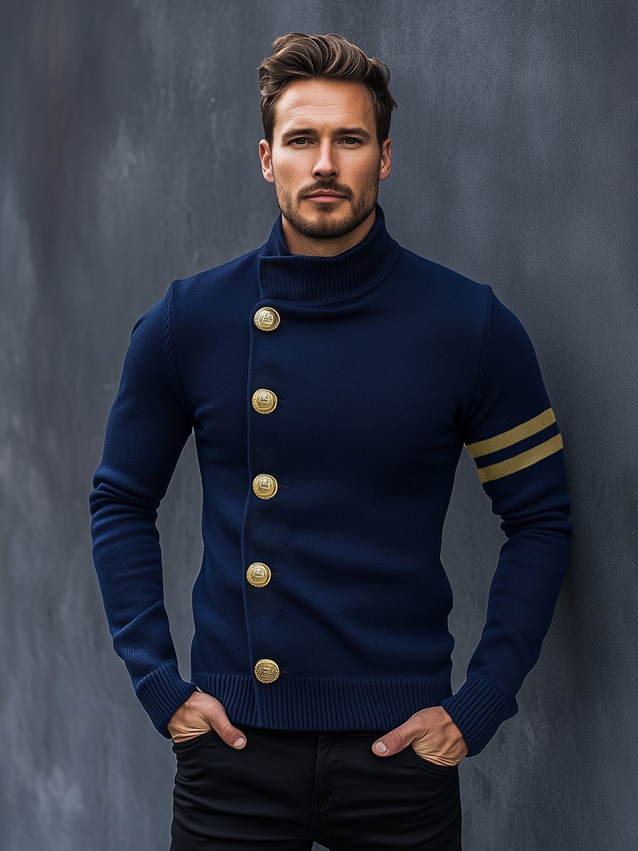 Men's Vintage Navy Stand Collar Knit Cardigan 9888736411832