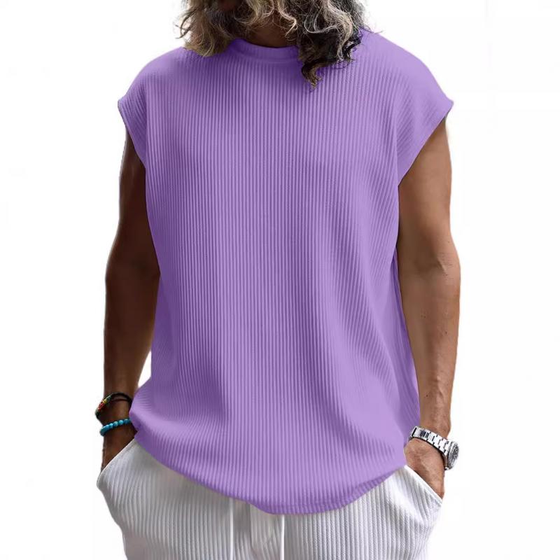 Men's Solid Color Vertical Stripes Round Neck Sleeveless T-shirt 9261144637624