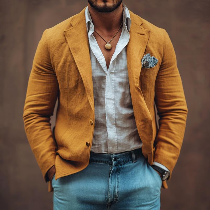 Men's Solid Color Cotton And Linen Notch Lapel Two Buttons Casual Blazer 9873133863096