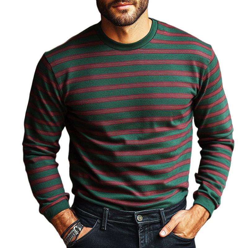 Men's Retro Casual Striped Printed Round Neck Long Sleeve T-Shirt 9880235868344