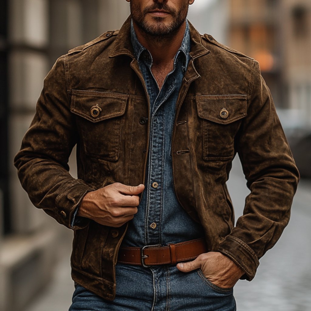 Men's Vintage Suede Lapel Single Breasted Slim Fit Multi-Pocket Jacket 9879142596792