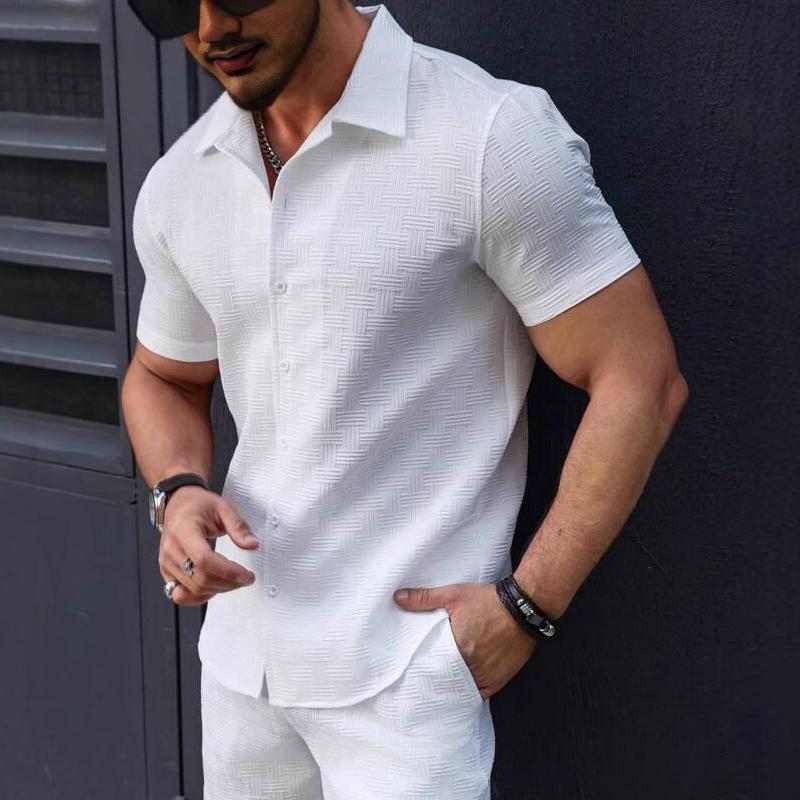 Men's Solid Color Texture Lapel Short Sleeve Shirt Shorts Casual Set 9879141875896