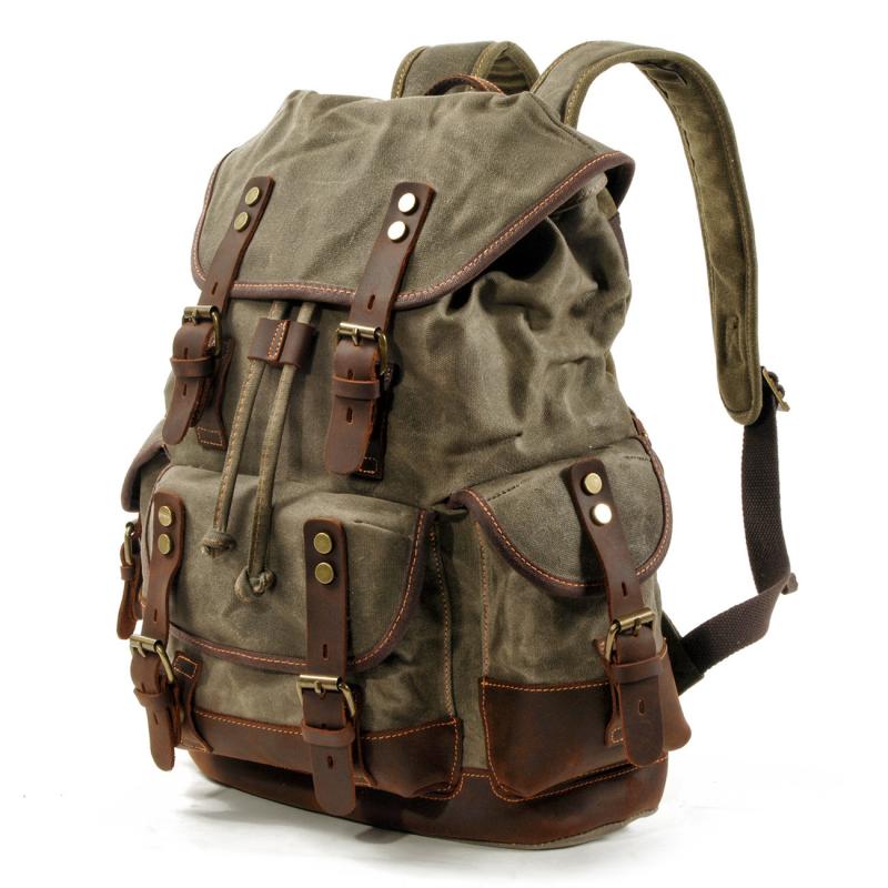 Herren-Rucksack aus Vintage-Canvas mit Nähten und mehreren Taschen aus Leder 19083234Y