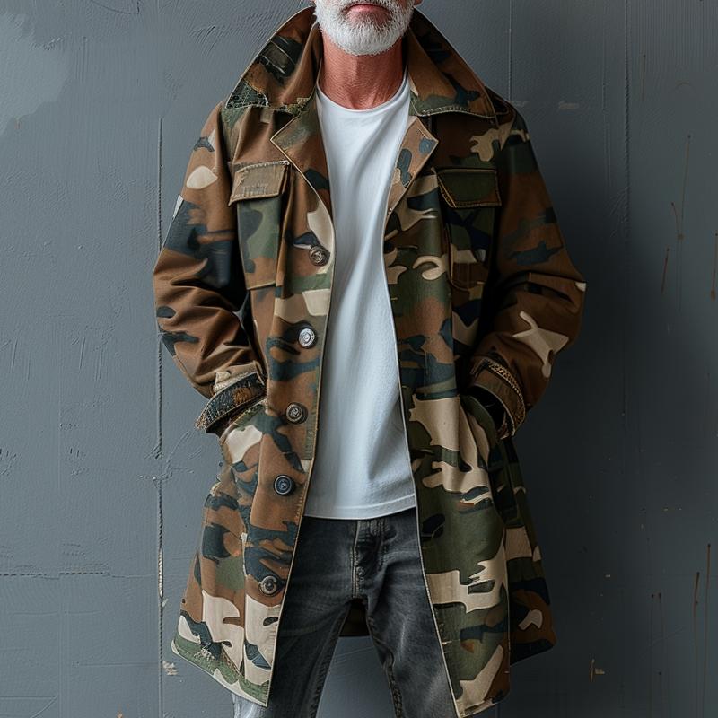 Men's Camouflage Lapel Breast Pocket Single Breasted Mid-length Cargo Trench Coat 9261100368056