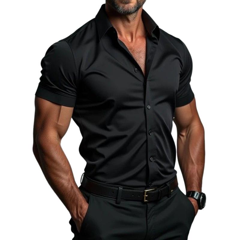Men's Retro Casual Solid Color Lapel Short Sleeve Shirt 9884643262648