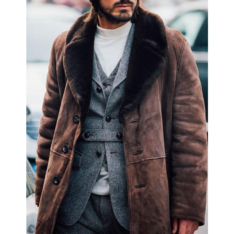 Men's Vintage Suede Stitching Fur Collar Mid-Length Coat 9261108101304