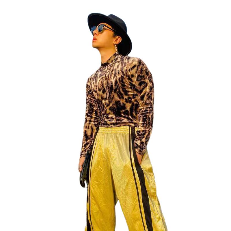 Men's Tight High Collar Leopard Print Long Sleeve T-shirt 9261144178872