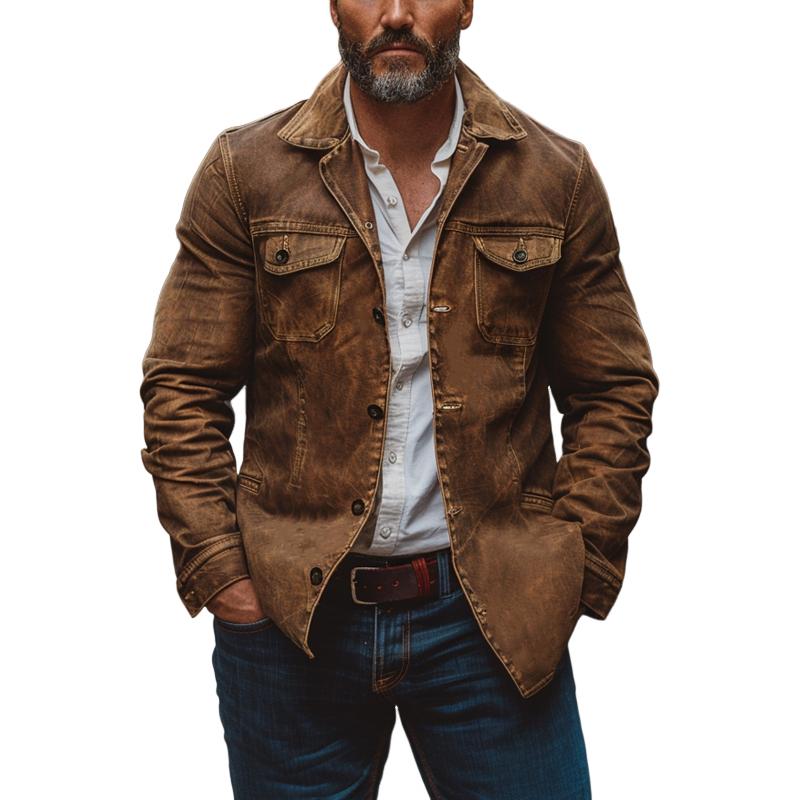 Men's Vintage Heavy Washed Leather Lapel Single Breasted Multi-Pocket Work Jacket 9261077692600