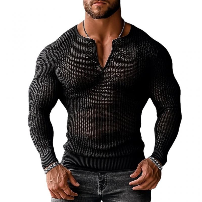 Men's Sexy Hollow Mesh V-neck Long Sleeve T-shirt 9272630378680