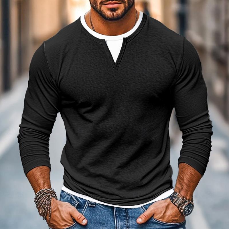 Men's Casual Color Matching Fake Two-Piece Double-Layer V-Neck Long-Sleeved T-Shirt 9268189003960