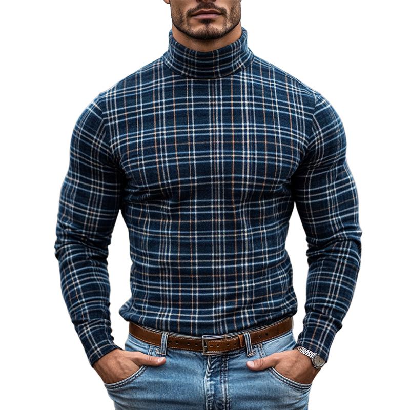 Men's Vintage Checked High Collar Long Sleeve Casual T-shirt 9884640510136
