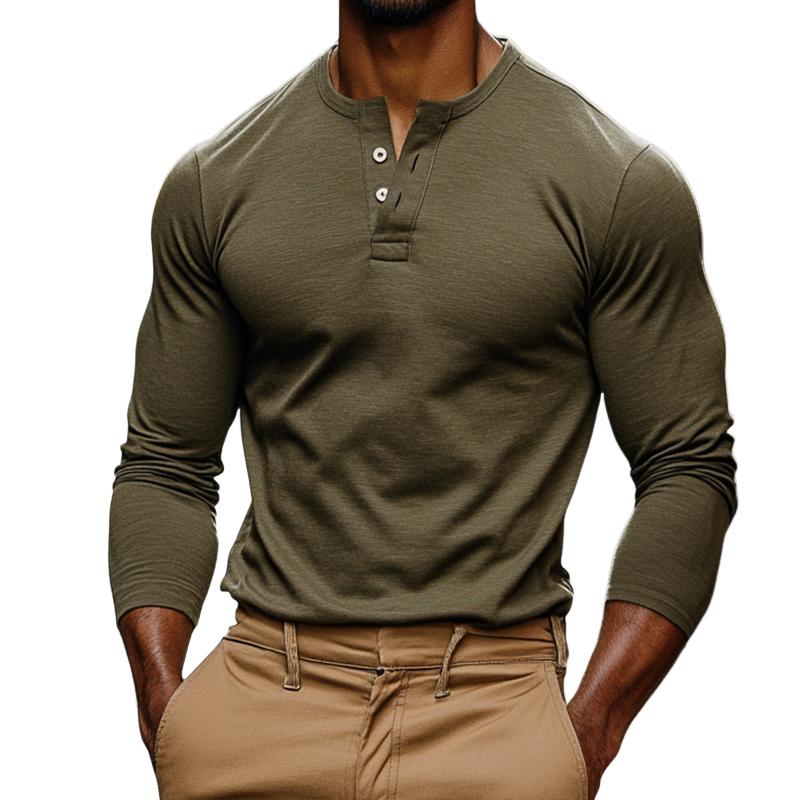 Men's Vintage Casual Solid Color Henley Neck Long Sleeve T-Shirt 9886820008120
