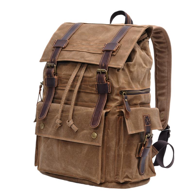 Men's Vintage Beeswax Canvas Outdoor Leather Multi-Pocket Backpack 9262190395576