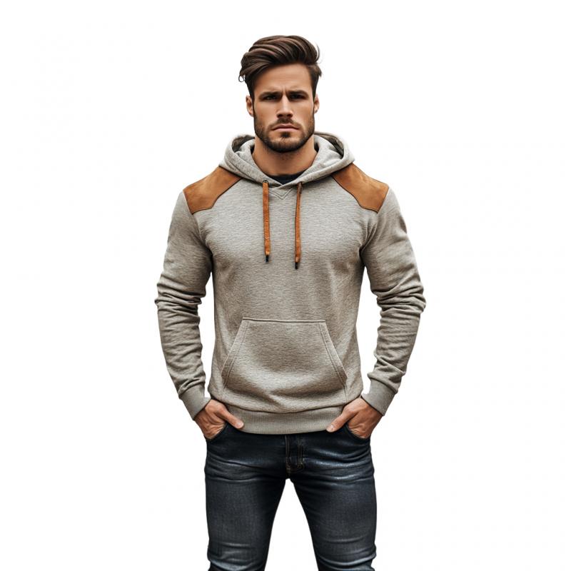 Men's Fashion Cotton Suede Patchwork Slim Fit Kangaroo Pocket Hoodie 9271920853176