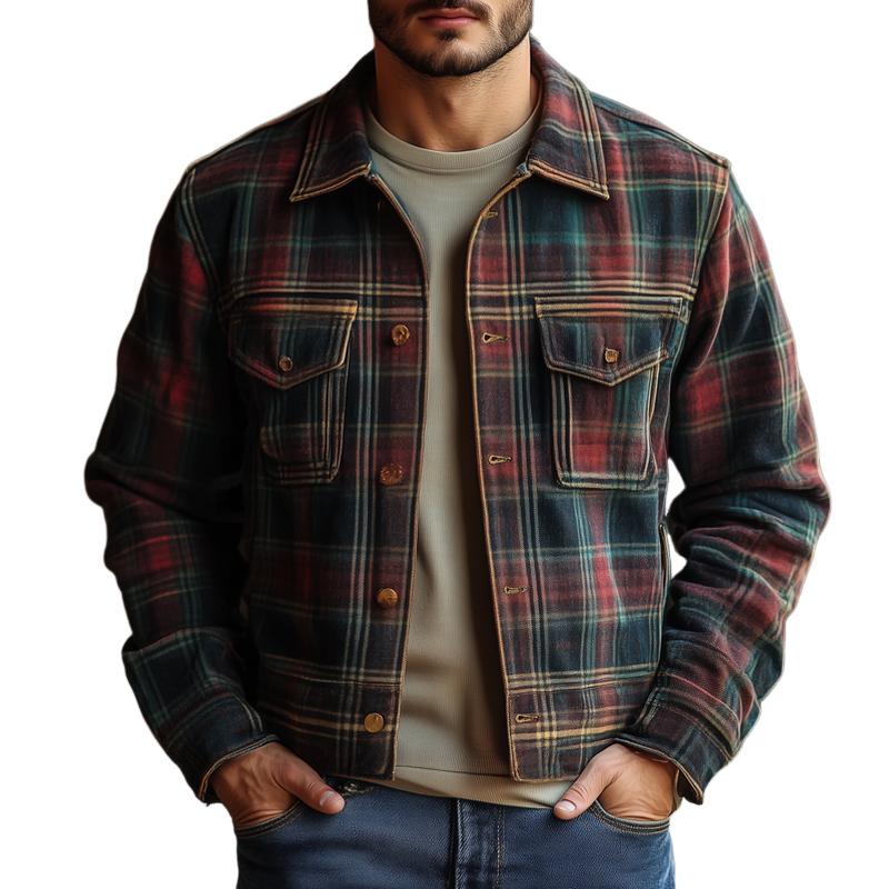 Men's Vintage Checked Lapel Chest Pocket Single Breasted Jacket 9884640936120