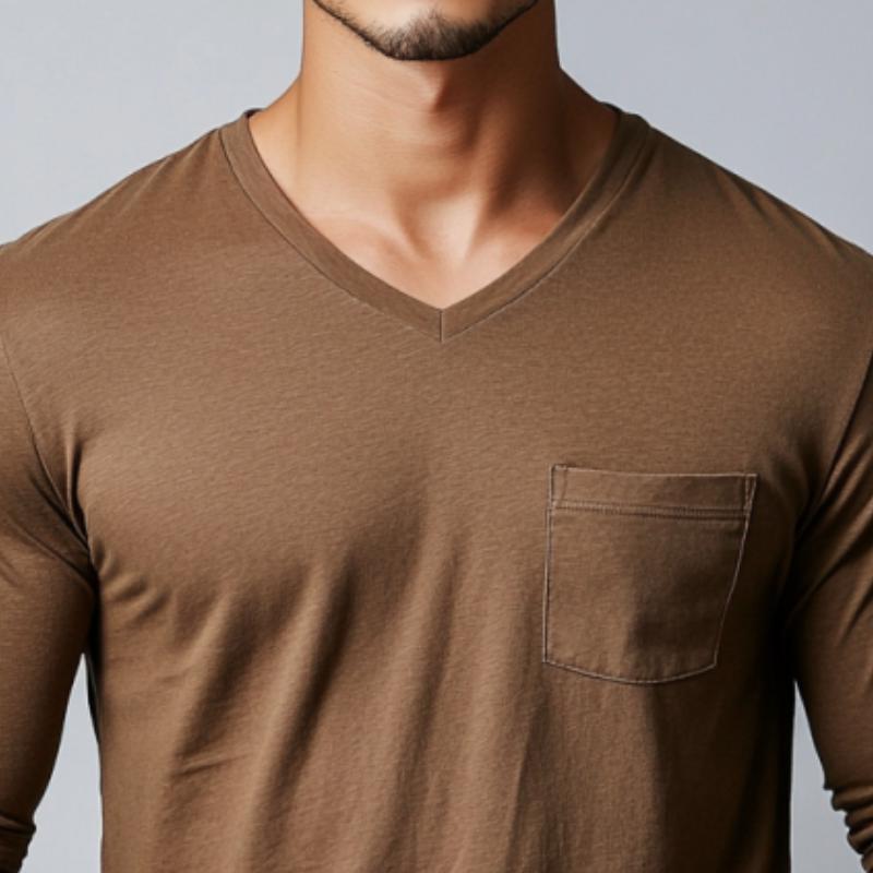Men's Classic Casual V-Neck Pocket Cotton Long Sleeve T-Shirt 9877215248568