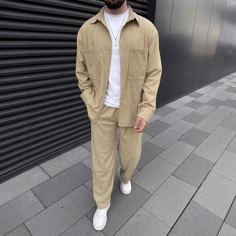 Men's Solid Corduroy Lapel Chest Pocket Jacket Trousers Casual Set 9267507232952