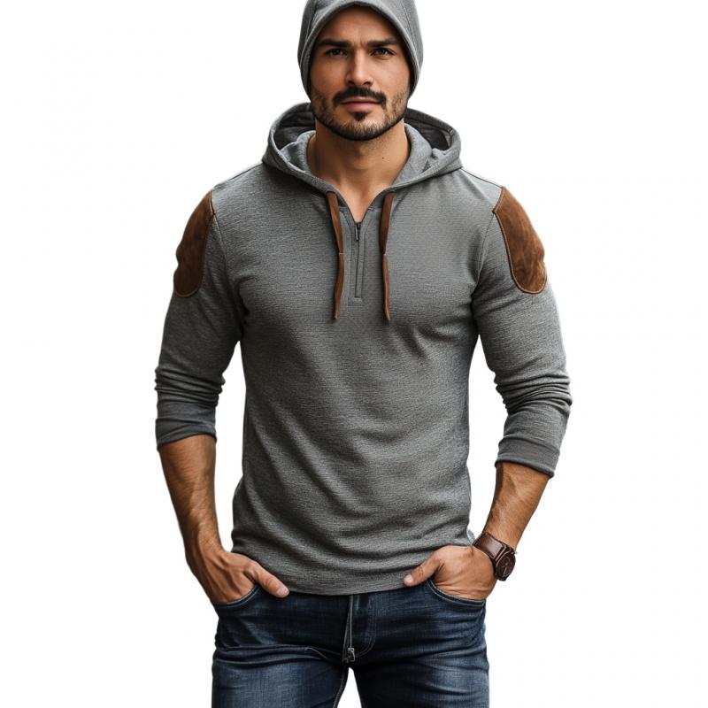 Men's Fashion Cotton Suede Patchwork Zipper Neck Slim Fit Hoodie 9271920787640