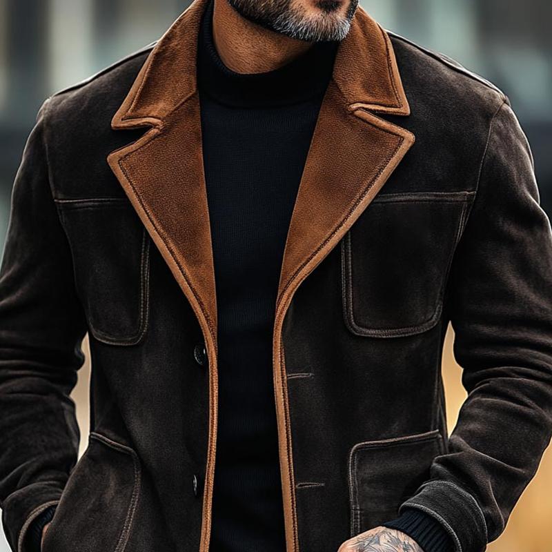 Herren-Blazer aus Wildleder mit Farbblock-Muster, Revers und mehreren Taschen, einreihig, 21898122Z