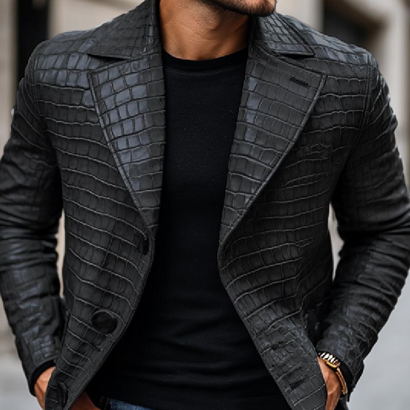 Men's Vintage Stone Pattern Leather Notched Lapel Slim Fit Blazer 9268190019768